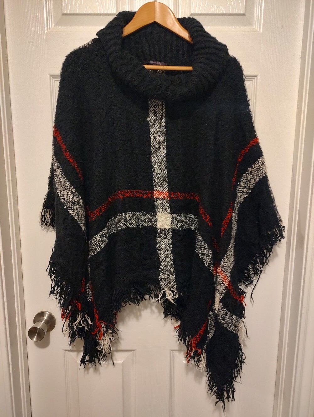 Olivia Sky Black Plaid Turtleneck Fringe Poncho with Red & White Stripes